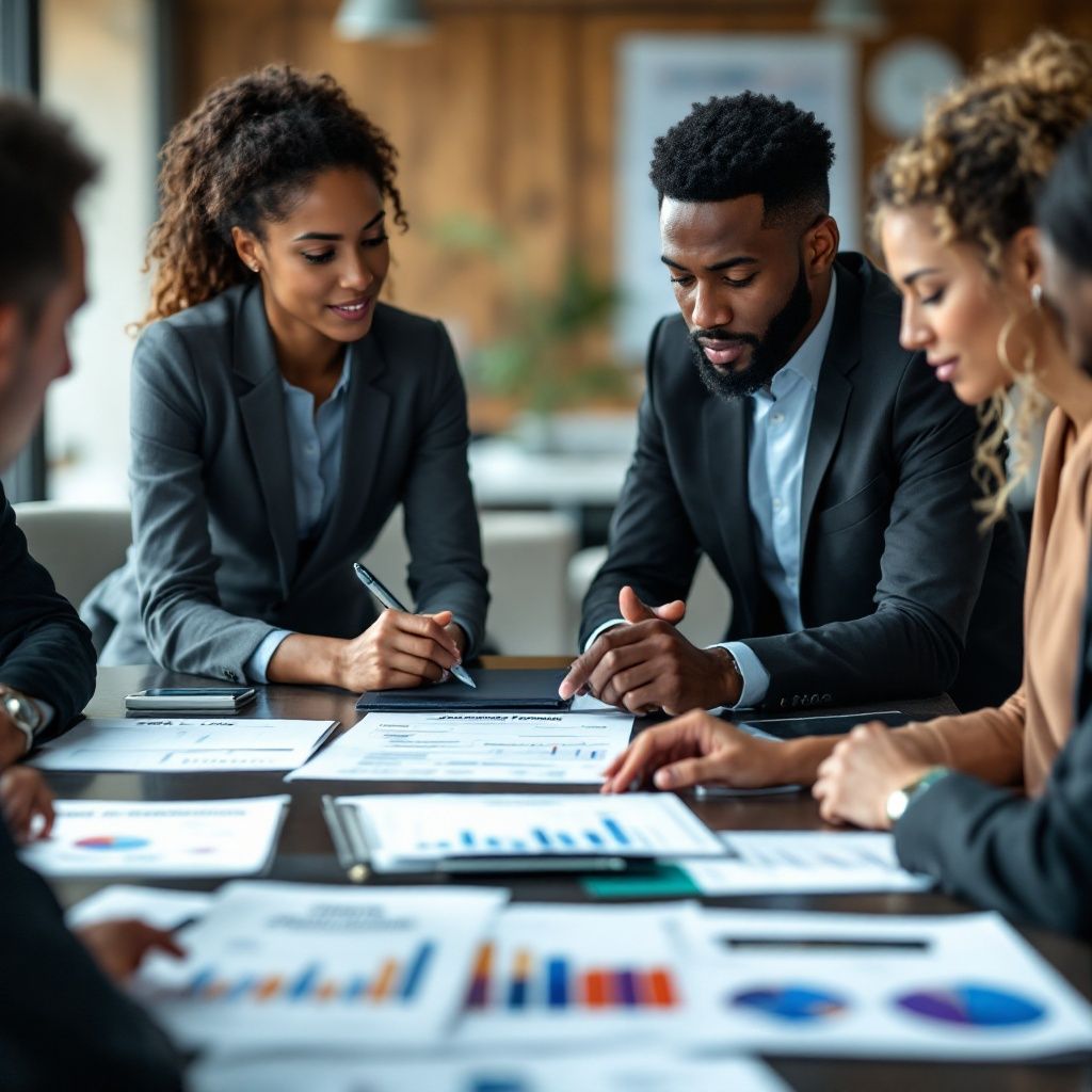 Diverse business professionals reviewing financial charts and economic data