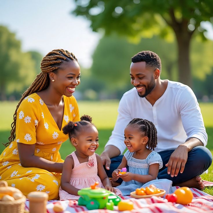 Beautiful Black family enjoying a picnic in the park